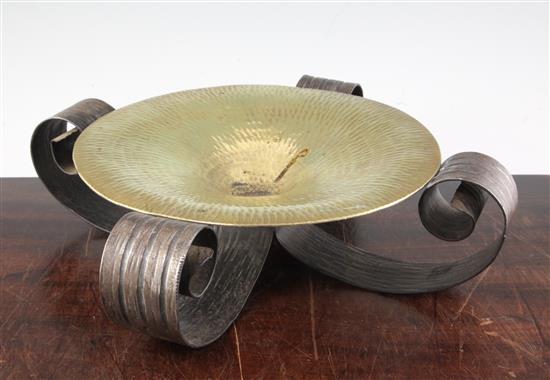 Guardere. A planished brass and wrought iron centrepiece bowl, width 12.5in.